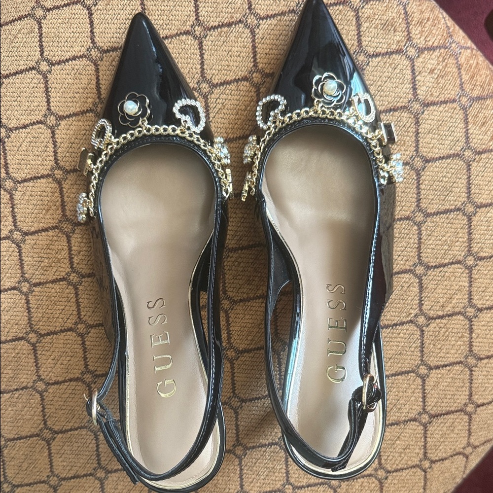 GUESS Black Patent Heels with Gold Embellishments